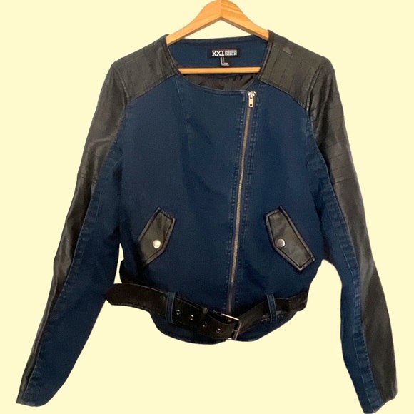 XXI Premium Denim Jacket with Black Faux Leather Sleeves/Details- Size L Juniors - Picture 5 of 8